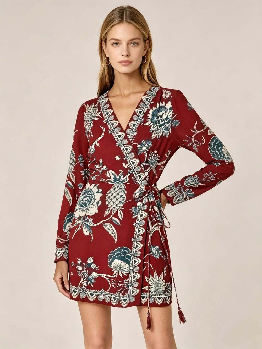 NWOT Farm Rio Red Tropical Landing Floral Print Wrap Mini Dress Size XS